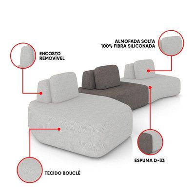 Sofá 3 Lugares Orgânico Com Chaise E 2 Módulos Berlim Bouclê Cinza Claro-grafite K01 - D'rossi