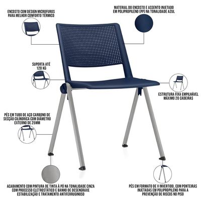 Cadeira Empilhável Fixa Lift F02 Base Aço Cinza Azul - Lyam Decor