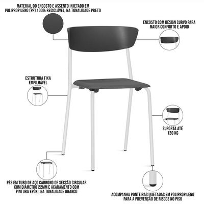 Kit 04 Cadeiras Empilhável Fixa Atom F02 Base Aço Branco Preto - Lyam Decor