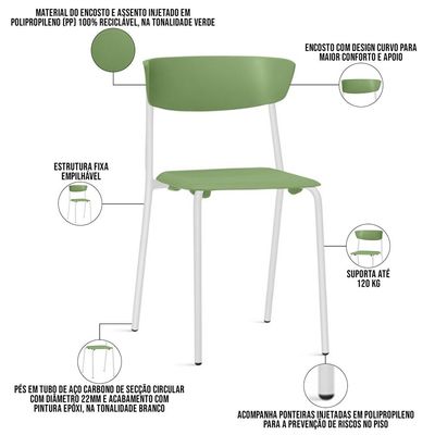 Kit 04 Cadeiras Empilhável Fixa Atom F02 Base Aço Branco Verde - Lyam Decor