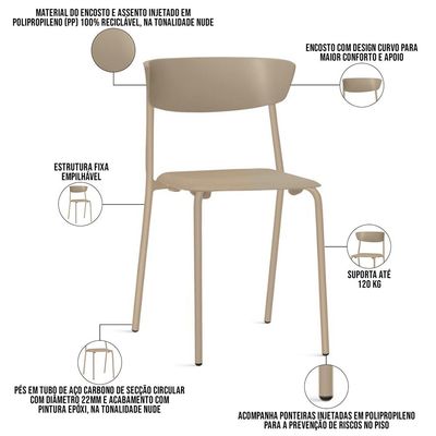 Kit 06 Cadeiras Empilhável Fixa Atom F02 Base Aço Nude - Lyam Decor