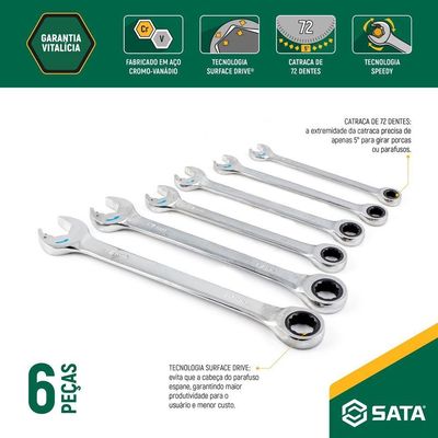 Jogo Chave Combinada Catraca Speedy 8-19mm 6 Peças Sata St09033g – Profissional E Resistente