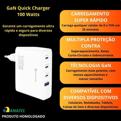 Carregador Ultra Turbo 100w Fast GaN Compativel: iPhone 15, Notebooks Baterias PPS, Drones
