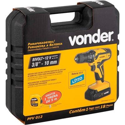 Furadeira E Parafusadeira à Bateria 12v Bivolt Pfv 012 Com Kit De Brocas E Bits Vonder Bivolt