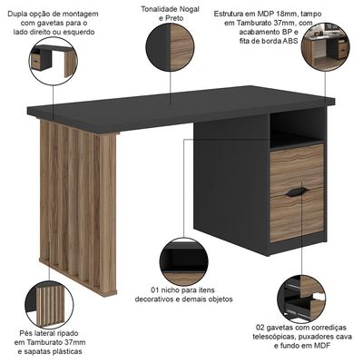 Mesa Para Escritório Escrivaninha Home Office Dora A02 Preto Nogal - Lyam Decor