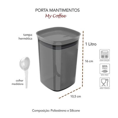 Pote Hermetico Porta Mantimentos Cafe Cinza Translucido 1L