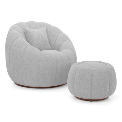 Poltrona Decorativa Concha Giratória Com Puff Estilo Abóbora Shell Bouclê Cinza Claro - Desk Design