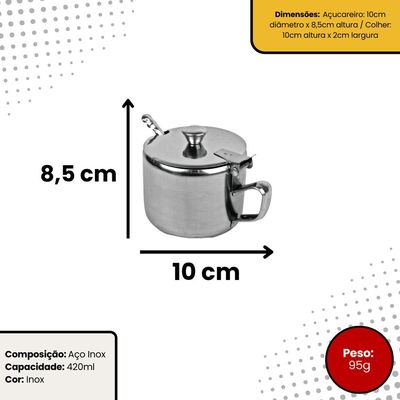 Açucareiro de aço inox com colher 420ml
