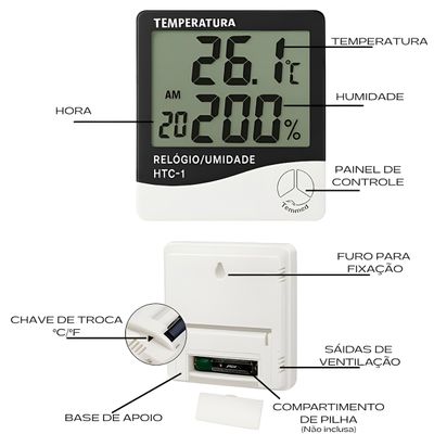 Termômetro Higrômetro Digital com Relógio – Monitoramento de Temperatura e Umidade