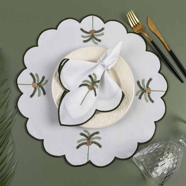 Kit 12 Jogos Americanos Guardanapos De Mesa Redondo Bordado Tropical - Branco