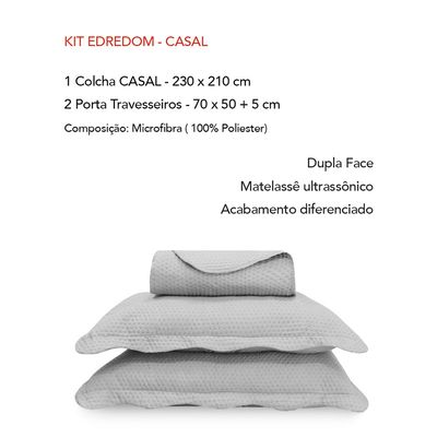 Edredom Colcha Matelasse CASAL Cobre Leito Fronha Cinza 3un