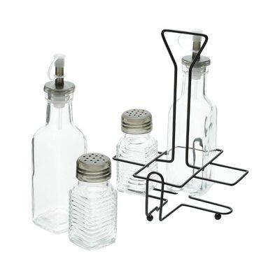 Conjunto Galheteiro de Vidro Lyor 4 Peças com Suporte de Metal Preto Frascos 200ml e 80ml Transparente