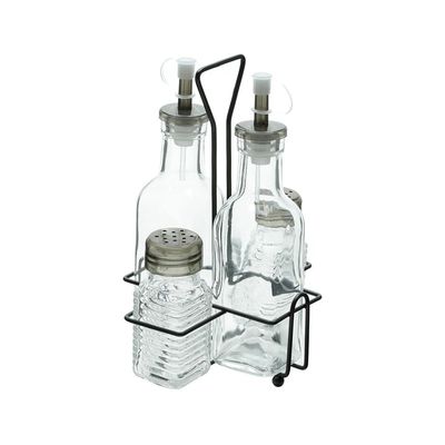 Conjunto Galheteiro de Vidro Lyor 4 Peças com Suporte de Metal Preto Frascos 200ml e 80ml Transparente