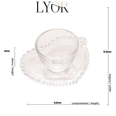 Xícara de Café com Pires Lyor Coração 80ml Cristal Design Romântico Transparente