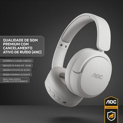 Headphone Bluetooth Wireless com Cancelamento de Ruído ANC - Branco - AOC