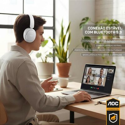 Headphone Bluetooth Wireless com Cancelamento de Ruído ANC - Branco - AOC