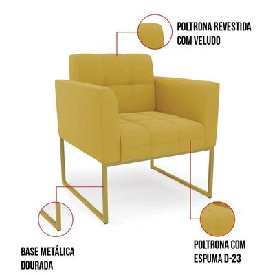 Poltrona Sala Decorativa Kit 2 Elisa Base Industrial Dourada Veludo Mostarda D03 - D'rossi