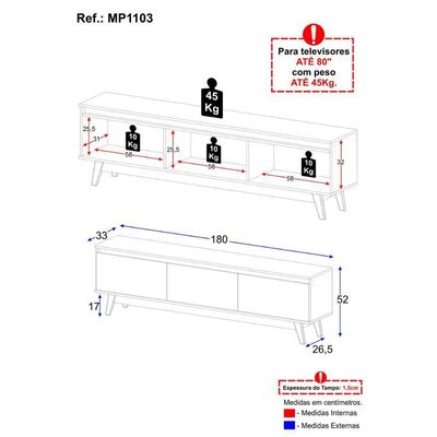 Rack Para Tv Até 80 Polegadas 180cm 3 Portas Retrô Multimóveis MP1103 Madeirado-branco