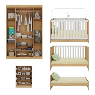 Quarto De Bebê Completo Com Berço Americano 3 Em 1 Encanto Multimóveis MP4585 Madeirado-branco