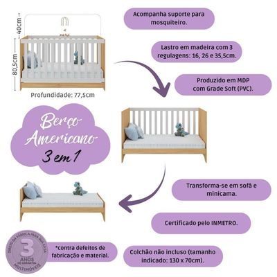 Quarto De Bebê Completo Com Berço Americano 3 Em 1 Encanto Multimóveis MP4585 Madeirado-branco