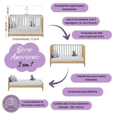 Quarto De Bebê Completo Com Berço Americano 3 Em 1 Fofura Multimóveis MP4653 Madeirado-off White
