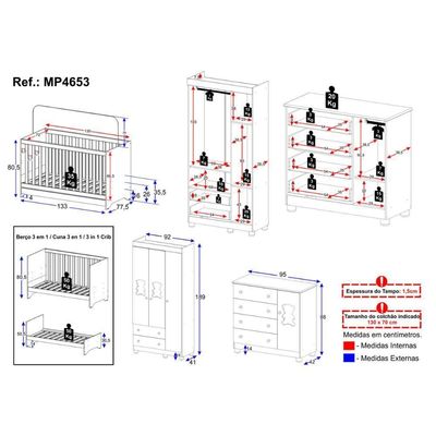 Quarto De Bebê Completo Com Berço Americano 3 Em 1 Fofura Multimóveis MP4653 Madeirado-off White