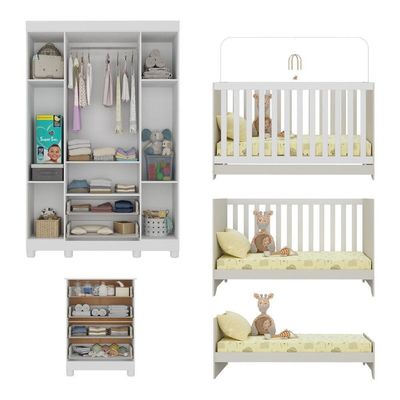 Quarto De Bebê Completo C- Berço Americano 3 Em 1 Colchão Fofura Multimóveis MP4665 Branco-off White