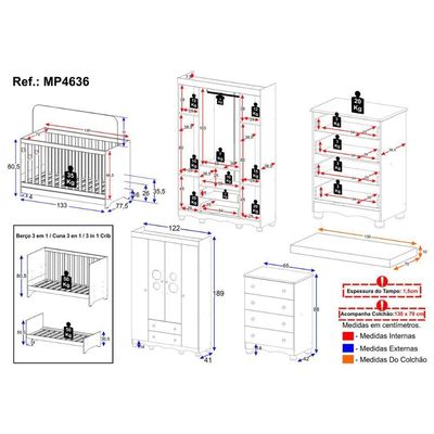 Quarto De Bebê Completo Berço Americano 3 Em 1 Colchão Suspiro Multimóveis MP4636 Branco-off White