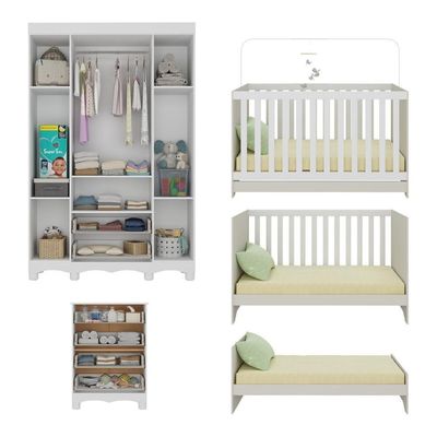 Quarto De Bebê Completo Berço Americano 3 Em 1 Colchão Suspiro Multimóveis MP4636 Branco-off White