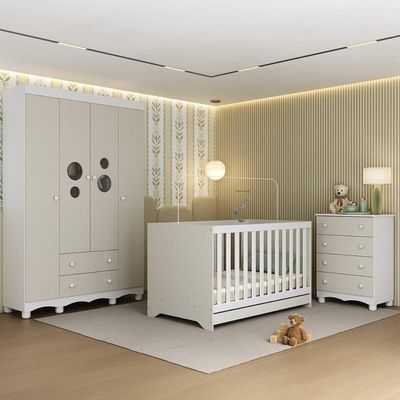 Quarto De Bebê Completo Berço Americano 3 Em 1 Colchão Suspiro Multimóveis MP4636 Branco-off White
