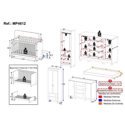 Quarto De Bebê Completo Berço Americano 3 Em 1 Colchão Dengo Multimóveis MP4612 Madeirado-branco
