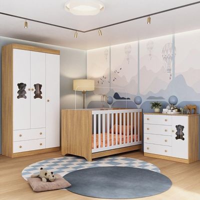 Quarto De Bebê Completo Com Berço Americano 3 Em 1 Colchão Teddy Multimóveis MP4668 Madeirado-branco