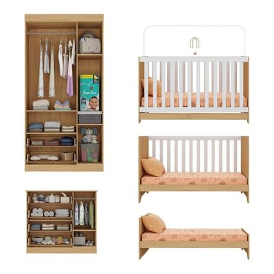 Quarto De Bebê Completo Com Berço Americano 3 Em 1 Colchão Teddy Multimóveis MP4668 Madeirado-branco