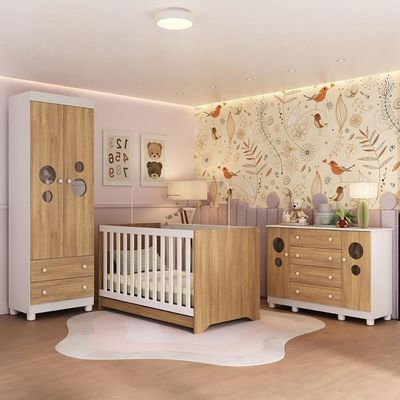 Quarto De Bebê Completo Berço Americano 3 Em 1 Colchão Bombom Multimóveis MP4642 Branco-madeirado