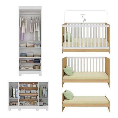 Quarto De Bebê Completo Berço Americano 3 Em 1 Colchão Bombom Multimóveis MP4642 Branco-madeirado