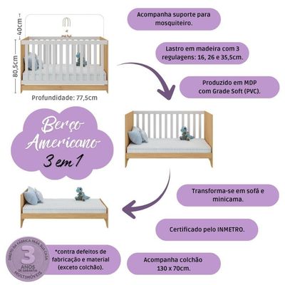 Quarto De Bebê Completo Berço Americano 3 Em 1 Colchão Bombom Multimóveis MP4642 Branco-madeirado