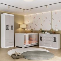 Quarto De Bebê Completo Com Berço Americano 3 Em 1 Colchão Teddy Multimóveis MP4672 Branco-off White