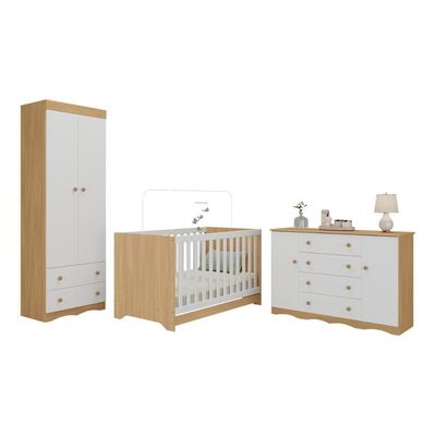 Quarto De Bebê Completo Com Berço Americano 3 Em 1 Realeza Multimóveis MP4595 Madeirado-branco