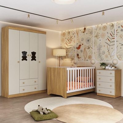 Quarto De Bebê Completo Berço Americano 3 Em 1 Colchão Teddy Multimóveis MP4664 Madeirado-off White