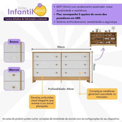 Cômoda Infantil 136cm Com 6 Gavetas Flex Multimóveis MP4262 - Madeirado-branco