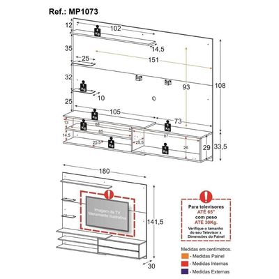 Painel Com Suporte Para Tv Até 65 Polegadas 1 Porta E Prateleiras Multimóveis MP1073 Rustic-branco
