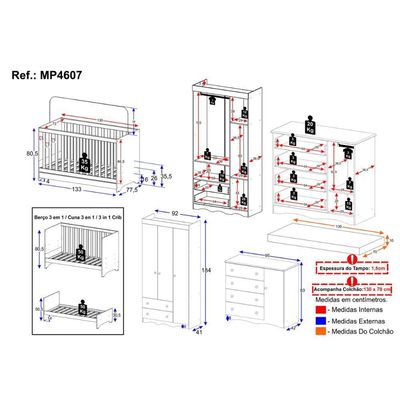 Quarto De Bebê Completo Berço Americano 3 Em 1 Colchão Realeza Multimóveis MP4607 Branco-madeirado