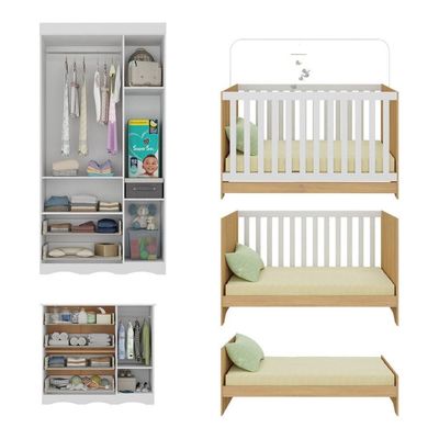 Quarto De Bebê Completo Berço Americano 3 Em 1 Colchão Realeza Multimóveis MP4607 Branco-madeirado