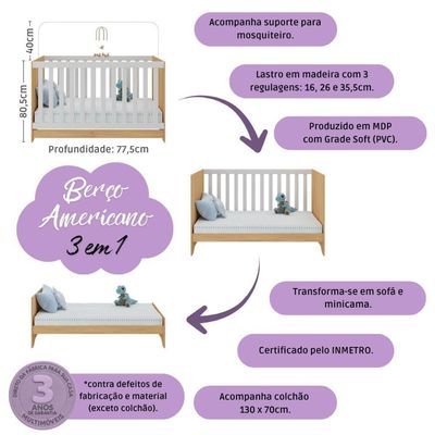 Quarto De Bebê Completo Berço Americano 3 Em 1 Colchão Realeza Multimóveis MP4607 Branco-madeirado