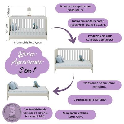 Quarto De Bebê Completo Berço Americano 3 Em 1 Colchão Allegra Multimóveis MP4610 Branco-off White