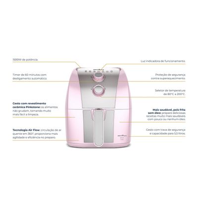 Air Fryer Rosa Britânia 5,5L Cesto Pinkstone 1500W BAFE53 127V