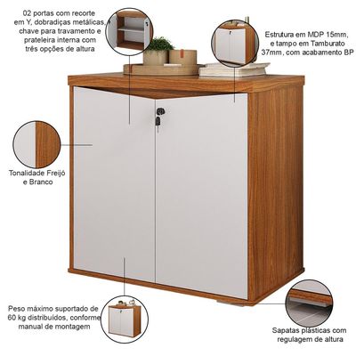 Balcão Para Escritório com Chave Multiuso 2 Portas Unik A02 Freijó Branco - Lyam Decor