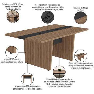 Mesa de Reunião Para Escritório Com 02 Tomadas 179cm Unik A02 Nogal Preto - Lyam Decor