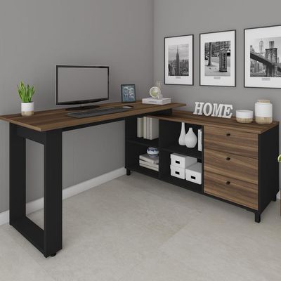 Mesa Escritório Home Office Escrivaninha 03 Gavetas 04 Nichos Next A02 Ipê Preto - Lyam Decor