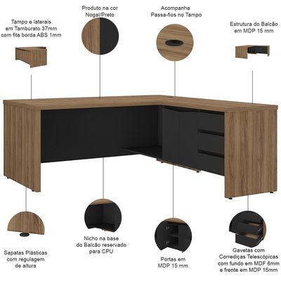 Mesa Para Escritório em L 180x190cm 2 Portas e 3 Gavetas Unik A02 Nogal Preto - Lyam Decor